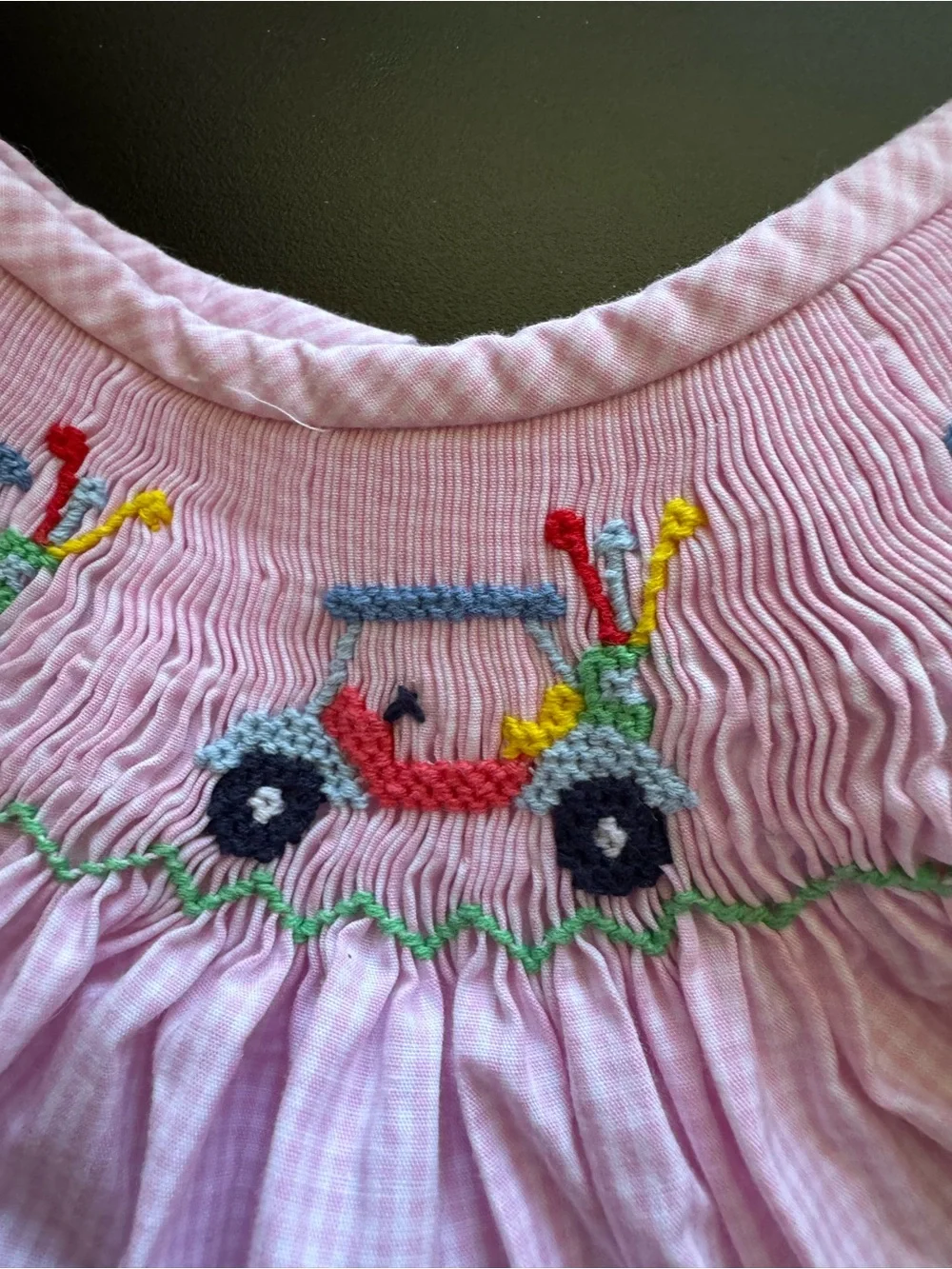 Stitchy Fish- Gingham Pink Golf Bubble Romper 12-18 mo